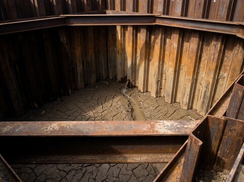 A cofferdam interior pumped dry with sheet piles braced across