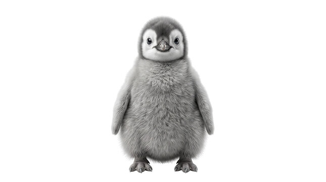 Adorable baby penguin chick with soft grey down feathers, cute emperor penguin fledgling, fluffy arctic wildlife portrait isolated PNG with Transparent Background