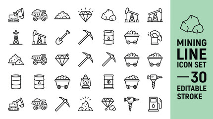 Mining Line Icons Set, 30 Editable Stroke Resource Extraction Symbols Truck Drill Pickaxe Diamond Oil Rig Helmet Fuel Vector Collection © Adobe