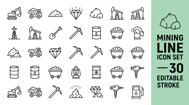 Mining Line Icons Set, 30 Editable Stroke Resource Extraction Symbols Truck Drill Pickaxe Diamond Oil Rig Helmet Fuel Vector Collection
