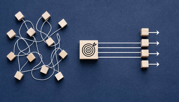 Tangled White Strings With Scattered Wooden Blocks Converging Through a Target Cube and Emerging as Straight Arrows and Aligned Cubes Representing Process Streamlining and Strategic Business Alignment