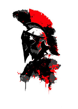 Casque guerrier spartiate noir rouge &eacute;claboussure encre grunge antique