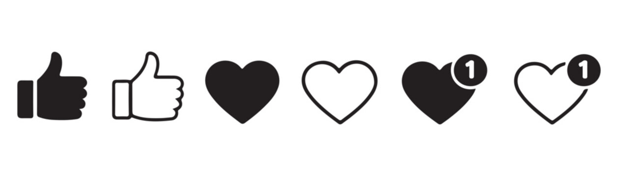 Like and heart icon set for social media reactions, favorites, love, appreciation, and online likes.