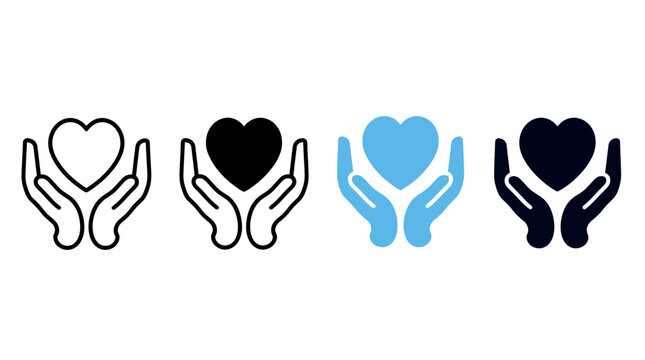 Hands Holding Heart Icons Set, Care Compassion Support Kindness Charity Love Symbols Black Blue Variations Editable Stroke Vector Collection