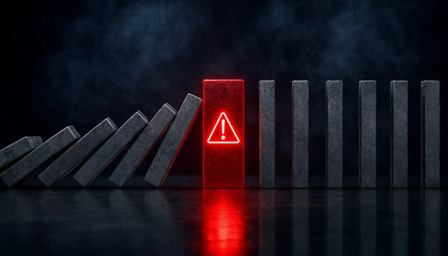 Glowing red warning barrier halting domino chain reaction symbolizing risk mitigation and business continuity