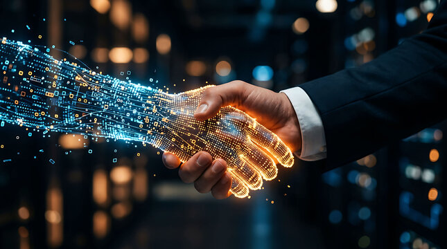 Digital AI robot and human businessman shaking hands in technology concept