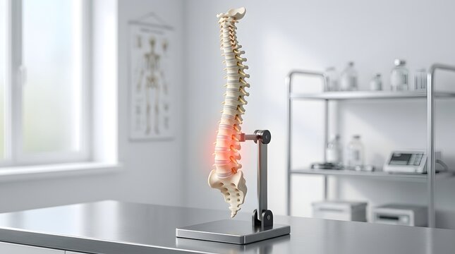 Detailed anatomical model of the human spine with highlighted area of pain, showcasing a medical or physical therapy setting