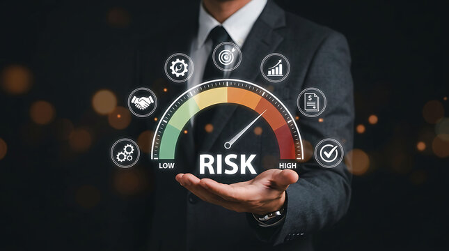 Businessman holding risk meter level analysis gauge for business assessment