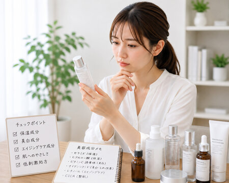 化粧品ボトルの裏面表示を見る女性