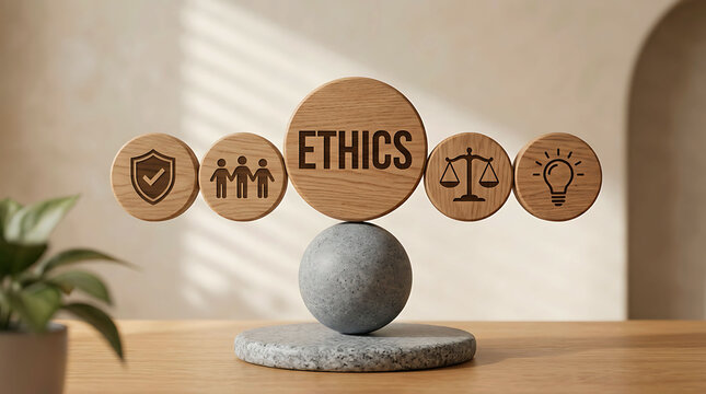 Business ethics and moral values balance concept on wooden blocks and stone