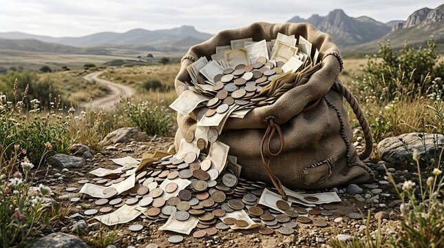 A heavy burlap sack overflows with coins and paper money, scattering them across a dry, grassy landscape under a clear sky