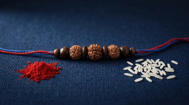 Traditional rudraksha bead rakhi thread with red kumkum and rice grains on dark blue background