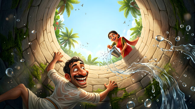 Humorous 3D cartoon illustration from the bottom of a stone well showing a funny scared man stuck inside while a smiling woman pours water from above.
