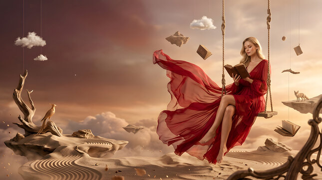 Surreal fantasy of a woman in a flowing red dress reading on a swing amidst floating books and clouds.
