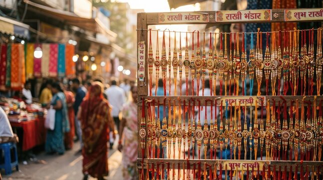 Indian street market stall selling colorful designer rakhis for Raksha Bandhan festival