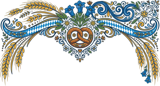 Oktoberfest decorative border with pretzel and edelweiss