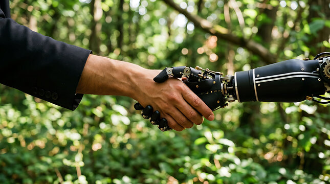 Human hand shaking bionic robot hand outdoors representing future technology