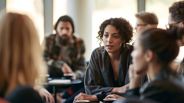 Young multiracial woman speaking actively during team brainstorming meeting with colleagues in modern office lounge.