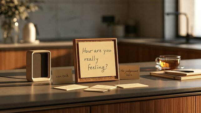 Mental health checkin sign with text How are you really feeling on wooden frame placed on modern kitchen counter with tea and cards.