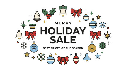 Fototapeta premium Merry Holiday Sale Festive Promotional Graphic Design with Christmas Ornaments.