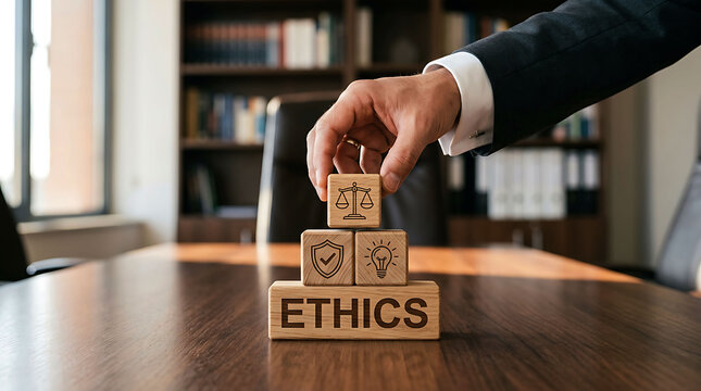 Business ethics and integrity concept with wooden blocks on desk