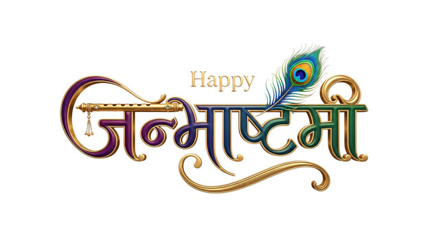 Happy janmashtami greeting with flute and peacock feather isolated on white isolated on transparent background