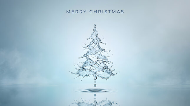 Merry Christmas greeting card background featuring a creative pine tree shape made of liquid water splashes.