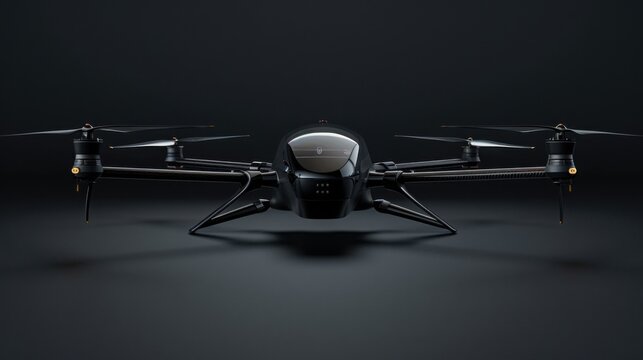 Modern black drone with four propellers isolated on dark background