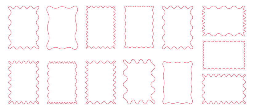 zigzag wavy edge rectangle frame or border set. Zigzag wavy edges, rectangles, photo frames, text boxes, tags, labels. Rectangle shapes with curvy squiggle doodle lines.