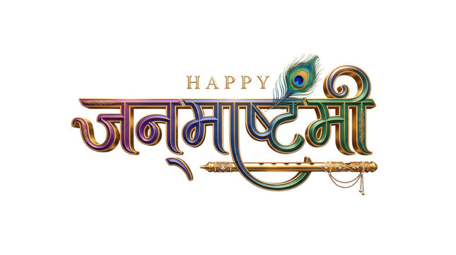 Happy janmashtami calligraphy with flute and peacock feather isolated on white isolated on transparent background