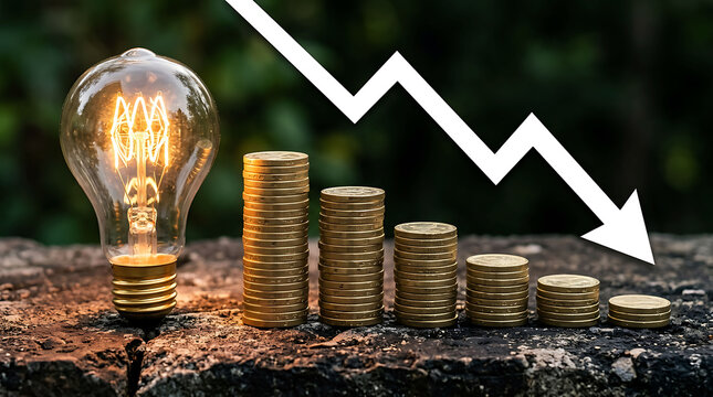 Energy crisis and declining electricity cost concept with coins and glowing bulb