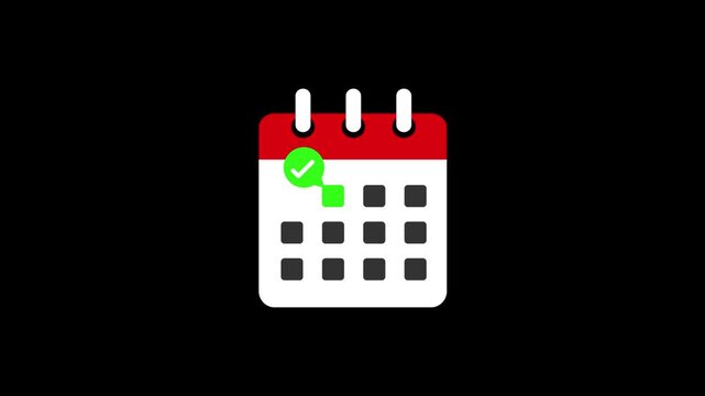 Daily calendar date icon with check mark icon animation isolated on black background