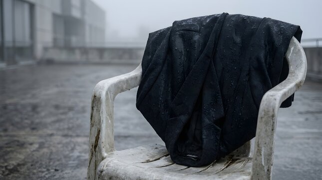 Formal business suit jacket soaked by rain on dirty cheap plastic chair highlighting contrast of fallen prestige and abrupt departure concepts