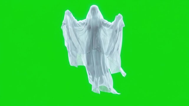 Scary ghost floating in white sheet on a green screen background