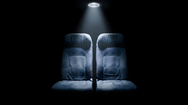 Two empty passenger seats illuminated by single overhead spotlight in darkness representing late night travel quiet shared journey and transit concepts