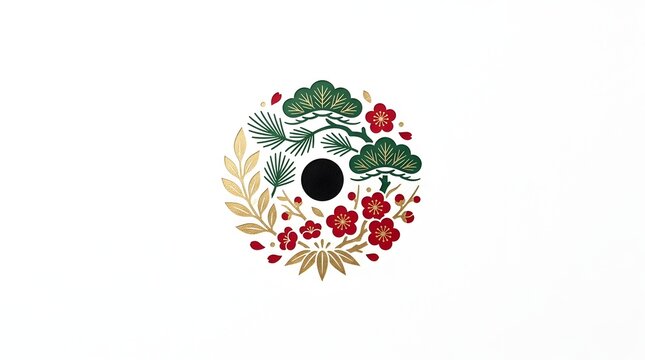 Circular japanese new year emblem featuring pine needles and red