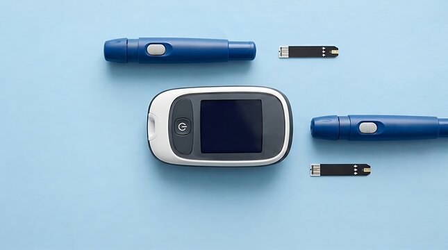 Blood glucose testing kit, digital glucometer with lancets and strips on blue background, diabetes