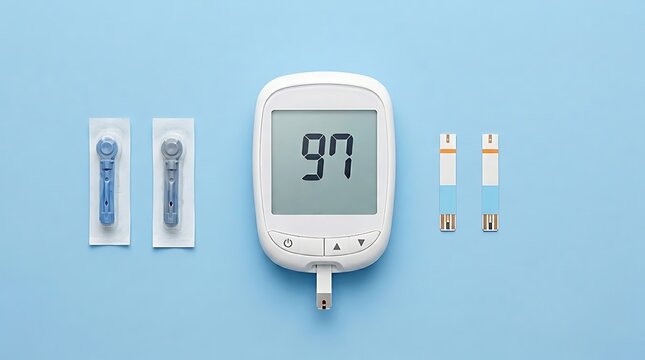 Blood glucose meter set, digital glucometer displaying result with test strips and lancets, diabetes