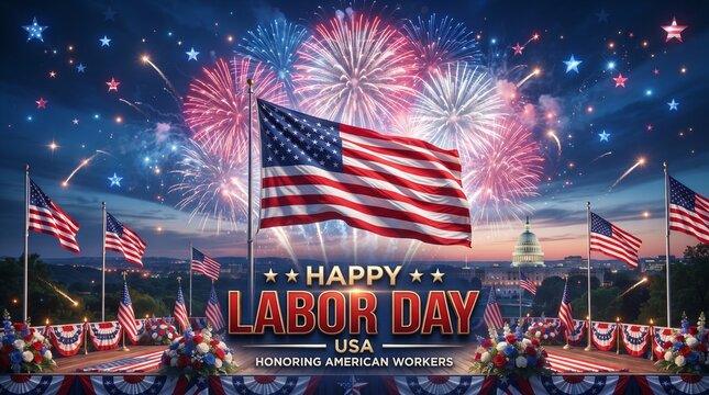 Labor Day USA flag celebration with fireworks at night