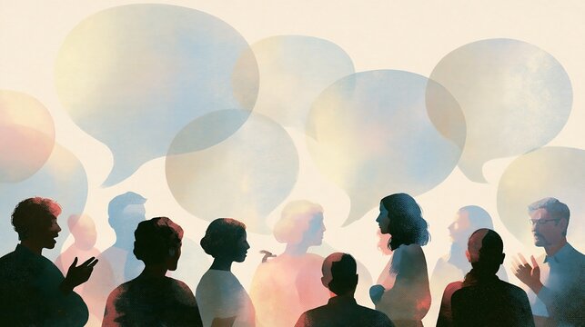 Diverse group silhouettes with floating speech bubbles representing communication public opinion dialogue and social networking.