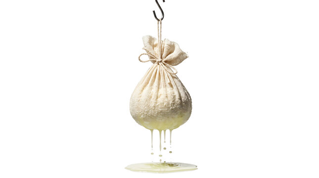 Fresh Homemade Labneh Cheese Hanging in Cheesecloth