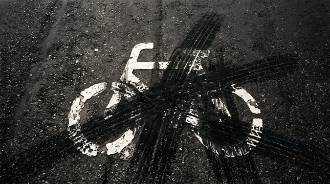 Bicycle lane road stencil painted on asphalt crossed by black tire skid marks representing cyclist safety risk and urban traffic conflict concepts
