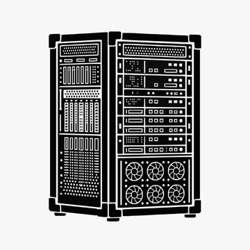 Dynamic Black and White of a Dual Sided Server Rack with Cooling Fans and Circuitry Details with high quality professional line art symbols for modern creative design and digital branding projects