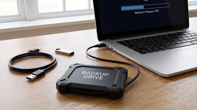 Backup drive connected to laptop on wooden desk with external hard drive usb cable laptop data storage wooden table black backup technology connection computer hardware with Transfer
