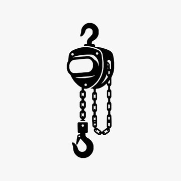 Dynamic Black and White of a Heavy Duty Hook Block with Chain Hoist for Industrial Lifting with high quality professional line art symbols for modern creative design and digital branding projects