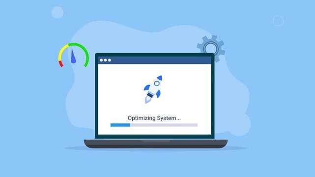 Animated laptop with Optimizing System interface, performance gauge, gear, and optimization icons, representing software optimization, system maintenance, computer technology, and digital workflows.