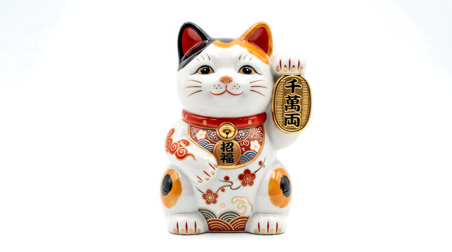 Lucky Maneki Neko Beckoning Cat Figurine on White Background