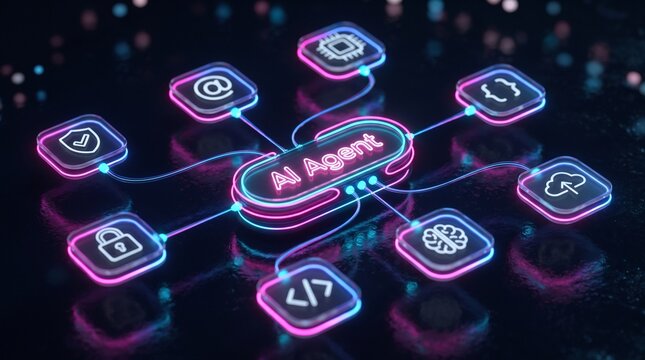Ai agent network hub visualization with connected icons with artificial intelligence machine learning technology innovation interface glowing science digital neon with Data