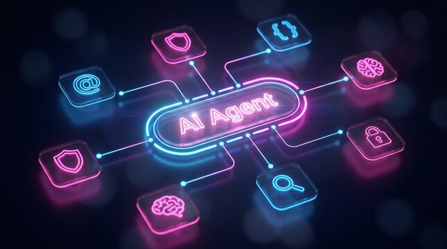 Ai agent network with connected icons with artificial intelligence magnifying glass technology glowing symbols shield brain email neon lock code