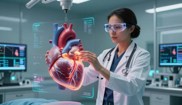 Female medical resident practicing surgery with a glowing 3D holographic heart and AI augmented reality display.